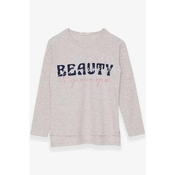 Breeze Bej Melanj 10-16 Yaş Uzun Kollu Taşlı Yazı Baskılı Kız Çocuk T-shirt