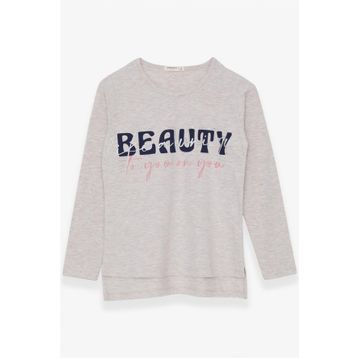 Breeze Bej Melanj 10-16 Yaş Uzun Kollu Taşlı Yazı Baskılı Kız Çocuk T-shirt