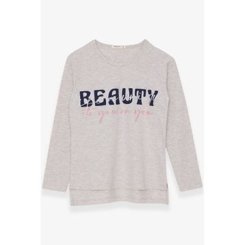 Breeze Bej Melanj 10-16 Yaş Uzun Kollu Taşlı Yazı Baskılı Kız Çocuk T-shirt