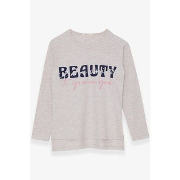 Breeze Bej Melanj 10-16 Yaş Uzun Kollu Taşlı Yazı Baskılı Kız Çocuk T-shirt