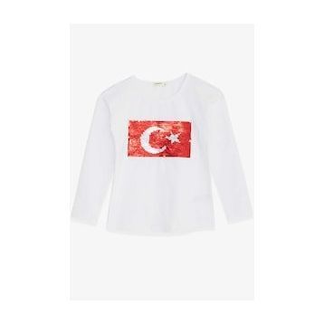 Breeze Beyaz 4-14 Yaş Uzun Kollu Pullu Ay Yıldız Kız Çocuk T-shirt