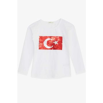Breeze Beyaz 4-14 Yaş Uzun Kollu Pullu Ay Yıldız Kız Çocuk T-shirt