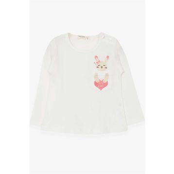 Breeze Ekru 1.5-5 Yaş Uzun Kollu Cepli Tavşancık Baskılı Kız Çocuk T-shirt