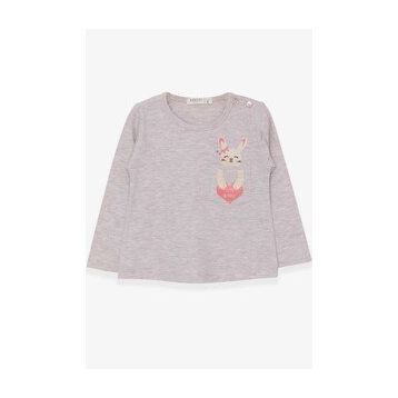 Breeze Ekru 1.5-5 Yaş Uzun Kollu Cepli Tavşancık Baskılı Kız Çocuk T-shirt