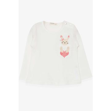 Breeze Ekru 1.5-5 Yaş Uzun Kollu Cepli Tavşancık Baskılı Kız Çocuk T-shirt