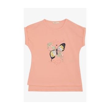 Breeze Kelebek Baskılı Somon 10-16 Yaş Kız Çocuk T-shirt