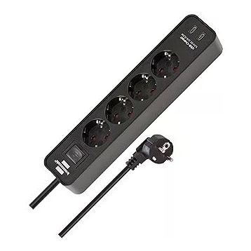 Brennenstuhl Hugo Serisi 4 Soketli 2 mt 19.500 MAH Siyah Akım Korumalı Priz Uzatma Kablosu