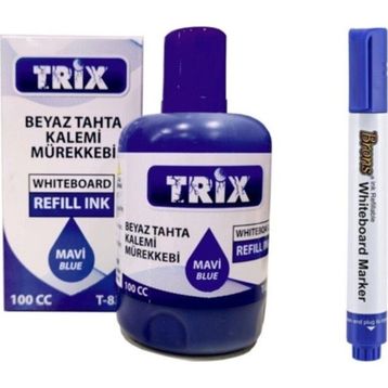 Brons Doldurulabilir Beyaz Yazı Tahtası Kalemi ve 100 ml Mavi Mürekkep