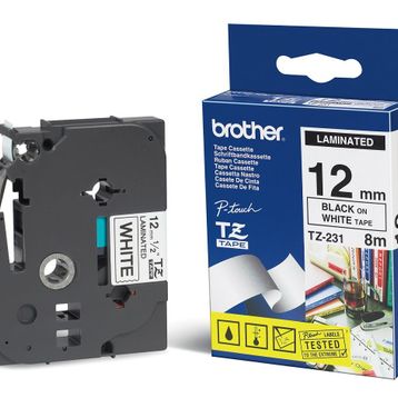 Brother TZE-231 12 mm Beyaz Üzerine Siyah Laminasyonlu Etiket