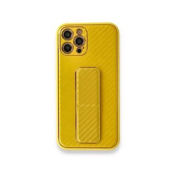 BSSM iPhone 12 Pro Max Coco Karbon Standlı Kapak Sarı Kılıf