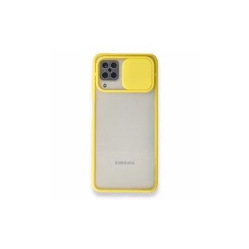 BSSM Samsung Galaxy A12 Palm Buzlu Kamera Sürgülü Silikon Sarı Kılıf