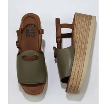 Bueno Shoes 01WU6103 Yeşil Kahve Deri Kadın Dolgu Topuklu Espadril Sandalet