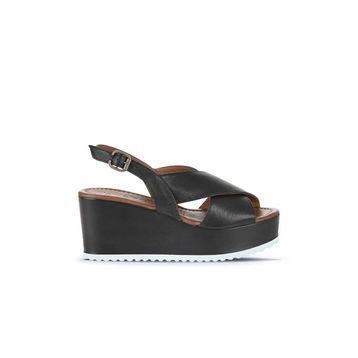 Bueno Shoes 01WU7001 Siyah Deri Kadın Dolgu Topuklu Sandalet