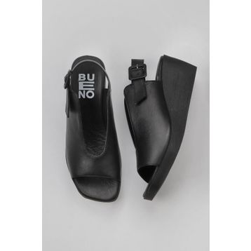 Bueno Shoes 01WY2405 Siyah Deri Kadın Dolgu Topuklu Sandalet