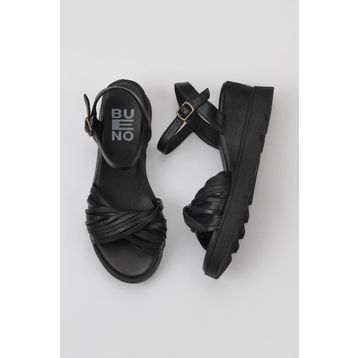 Bueno Shoes 01WY8609 Siyah Deri Kadın Dolgu Topuklu Sandalet