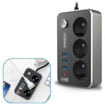 Buffer Isıya Dayanıklı Termal Akım Korumalı 2 10A 2500W 3 Priz ve 3 Usb 2.1A Uzatma Kablosu