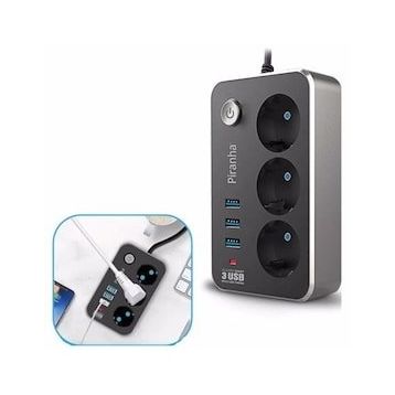 Buffer Isıya Dayanıklı Termal Akım Korumalı 2 10A 2500W 3 Priz ve 3 Usb 2.1A Uzatma Kablosu