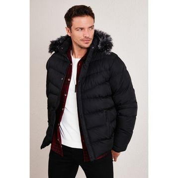 Buratti 5761080 B Siyah Slim Fit Suni Kürklü Peluş Astarlı Çıkarılabilir Kapüşonlu Şişme Erkek Mont