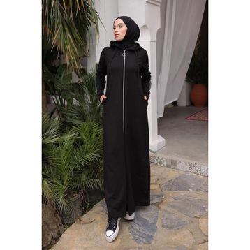 Burcu Tesettür BTS0008 Siyah Önden Fermuarlı Kapüşonlu Spor Ferace