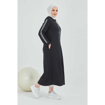 Burcu Tesettür BTS0008 Siyah Önden Fermuarlı Kapüşonlu Spor Ferace