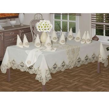 Bursa Çeyiz Dilruba Fransız Dantelli Pikolu Linen Kumaş 26 Parça Yemek Takımı