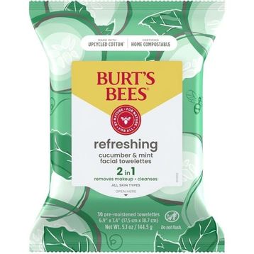Burt's Bees Refreshing Facial Towelettes With Cucumber and Mint Salatalık ve Naneli Tüm Cilt Tipleri İçin %99 Doğal Kökenli 30 Adet 144.5 gr Yüz Temizleme Mendili