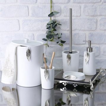 By Selim Beyaz Gümüş 5 Parça Polyester Banyo Seti Leaf Banyo Seti