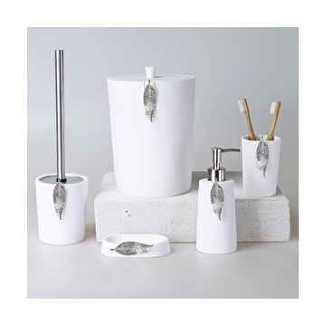 By Selim Beyaz Gümüş 5 Parça Polyester Banyo Seti Leaf Banyo Seti