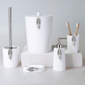 By Selim Beyaz Gümüş 5 Parça Polyester Banyo Seti Leaf Banyo Seti