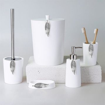 By Selim Beyaz Gümüş 5 Parça Polyester Banyo Seti Leaf Banyo Seti