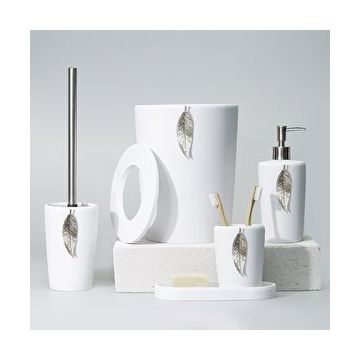 By Selim Beyaz Gümüş 5 Parça Polyester Banyo Seti Leaf Banyo Seti