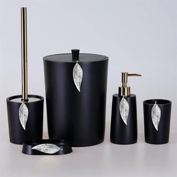 By Selim Siyah Gümüş 5 Parça Polyester Banyo Seti Leaf Banyo Seti
