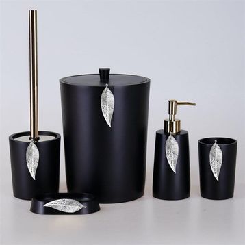 By Selim Siyah Gümüş 5 Parça Polyester Banyo Seti Leaf Banyo Seti
