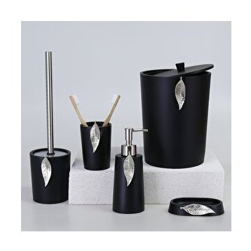 By Selim Siyah Gümüş 5 Parça Polyester Banyo Seti Leaf Banyo Seti