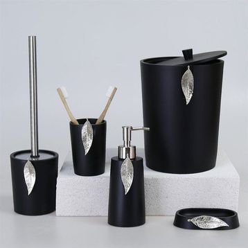 By Selim Siyah Gümüş 5 Parça Polyester Banyo Seti Leaf Banyo Seti