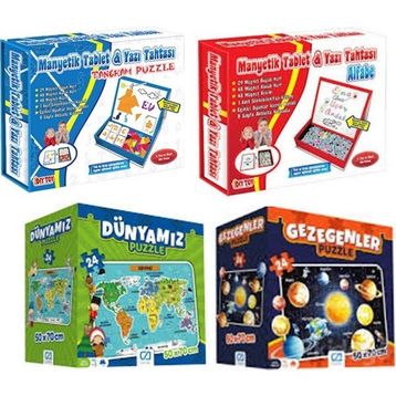 Ca Games 4'lü Set Manyetik Tablet Tangram+Manyetik Tablet Alfabe+Yer Puzzle Dünyamız+Yer Puzzle Gezegenler