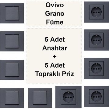 Çağatay Elektrik Ovivo Grano Füme 5 Adet Anahtar + 5 Adet Topraklı Priz