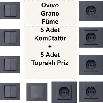 Çağatay Elektrik Ovivo Grano Füme 5 Adet Komütatör + 5 Adet Topraklı Priz