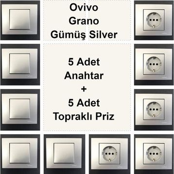 Çağatay Elektrik Ovivo Grano Gümüş Silver 5 Adet Anahtar + 5 Adet Topraklı Priz