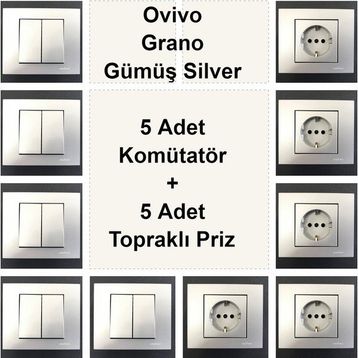 Çağatay Elektrik Ovivo Grano Gümüş Silver 5 Adet Komütatör + 5 Adet Topraklı Priz