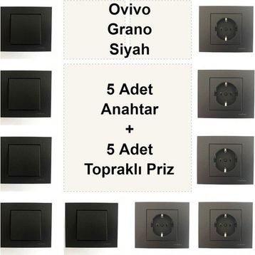 Çağatay Elektrik Ovivo Grano Siyah 5 Adet Anahtar + 5 Adet Topraklı Priz