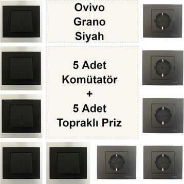 Çağatay Elektrik Ovivo Grano Siyah 5 Adet Komütatör + 5 Adet Topraklı Priz