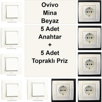 Çağatay Elektrik Ovivo Mina Beyaz 5 Adet Anahtar + 5 Adet Topraklı Priz