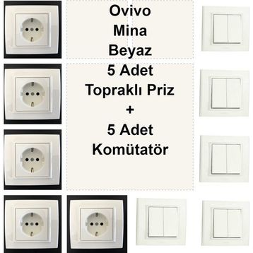 Çağatay Elektrik Ovivo Mina Beyaz 5 Adet Topraklı Priz + 5 Adet Komütatör