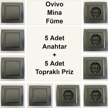 Çağatay Elektrik Ovivo Mina Füme 5 Adet Anahtar + 5 Adet Topraklı Priz