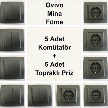 Çağatay Elektrik Ovivo Mina Füme 5 Adet Komütatör + 5 Adet Topraklı Priz