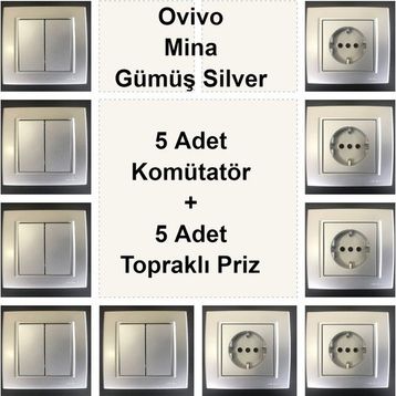 Çağatay Elektrik Ovivo Mina Gümüş Silver 5 Adet Komütatör + 5 Adet Topraklı Priz