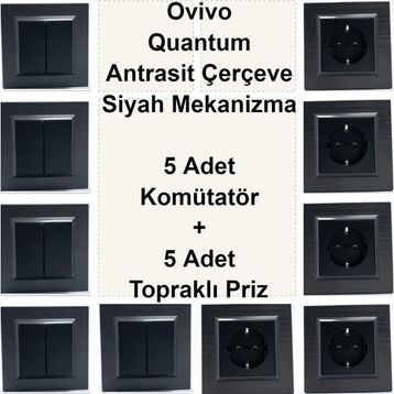 Çağatay Elektrik Ovivo Quantum Antrasit Çerçeve Siyah Mekanizma 5 Adet Komütatör + 5 Adet Topraklı Priz