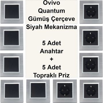 Çağatay Elektrik Ovivo Quantum Gümüş Çerçeve Siyah Mekanizma 5 Adet Anahtar + 5 Adet Topraklı Priz