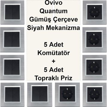 Çağatay Elektrik Ovivo Quantum Gümüş Çerçeve Siyah Mekanizma 5 Adet Komütatör + 5 Adet Topraklı Priz